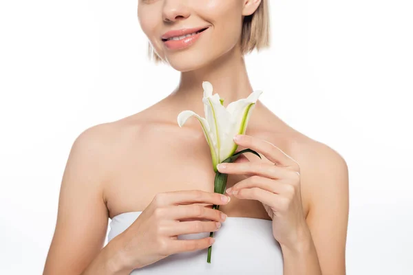 Cropped View Happy Woman Bare Shoulders Holding Blooming Flower Isolated — Stock Photo, Image