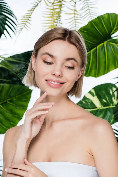 Positive Young Woman Perfect Skin Green Palm Leaves White — Stock Photo, Image