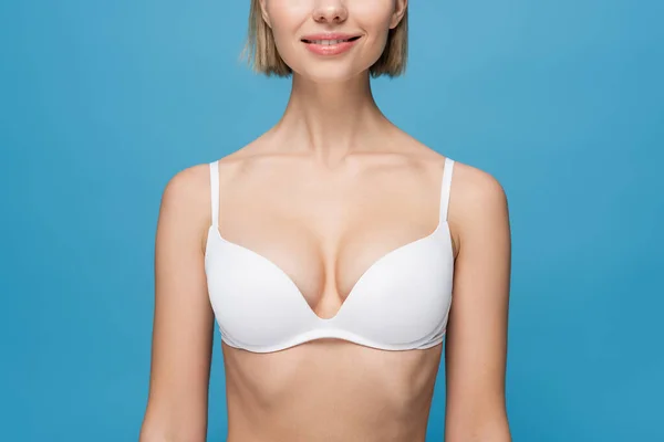 Vista Parziale Donna Allegra Reggiseno Isolato Blu — Foto Stock