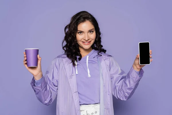 Happy Young Woman Raincoat Holding Paper Cup Smartphone Blank Screen — Stock Photo, Image