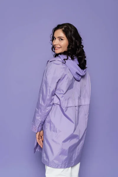 Cheerful Young Woman Violet Raincoat Isolated Purple — Stock Photo, Image