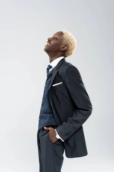 Happy Young African American Man Suit Posing Hand Pocket Isolated — Stock Photo, Image