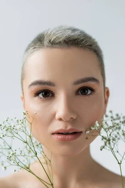 Close Portrait Young Woman Natural Makeup White Gypsophila Flowers Isolated — Stock Photo, Image