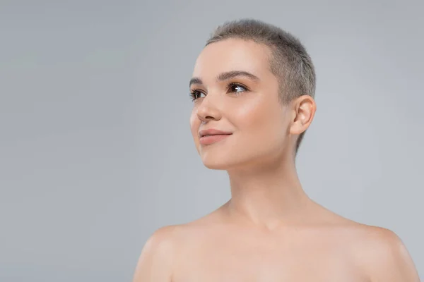 Charming Woman Naked Shoulders Smiling While Looking Away Isolated Grey — Stock Photo, Image