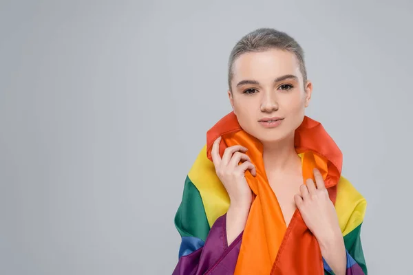 Pretty Woman Lgbt Flag Shoulders Looking Camera Isolated Grey — Stock Photo, Image