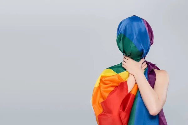 Woman Obscuring Face Lgbt Flag Isolated Grey — Stock Photo, Image