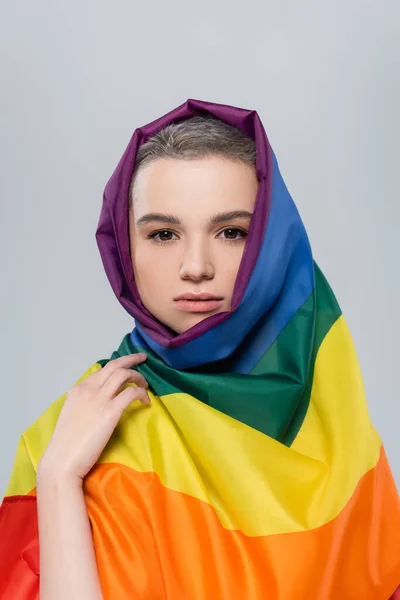 Young Woman Lgbt Flag Head Looking Camera Isolated Grey — Stock Photo, Image