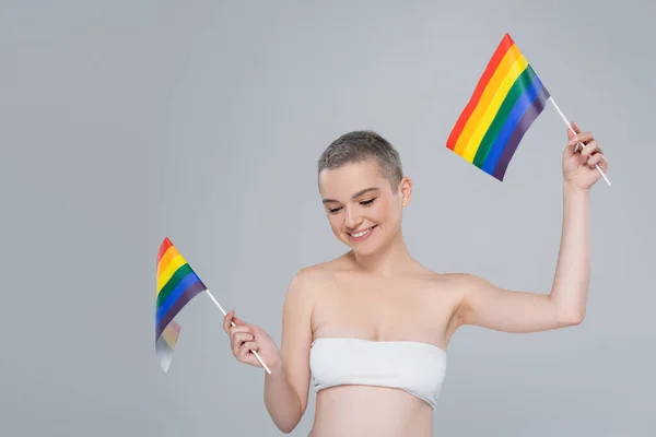 Happy Woman White Top Posing Small Lgbt Flags Isolated Grey — Stock Photo, Image
