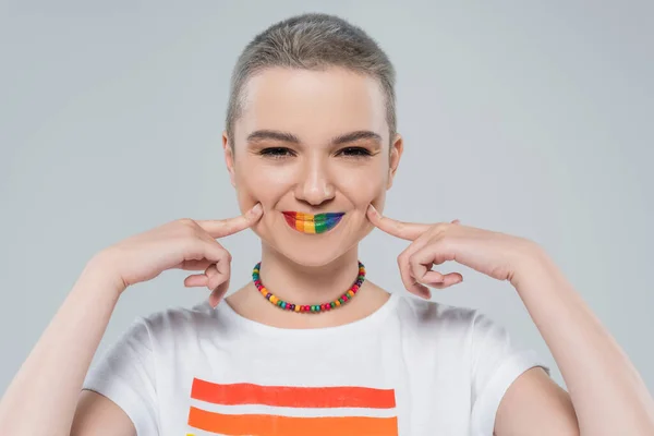 Cheerful Woman Rainbow Colors Lips Touching Cheeks Isolated Grey — Stock Photo, Image