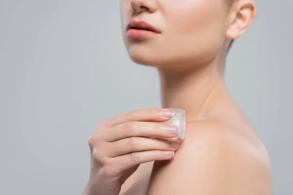 Partial View Woman Clean Skin Applying Ice Cube Bare Shoulder — Stock Photo, Image