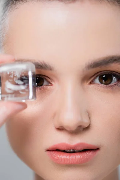 Close View Female Face Perfect Skin Ice Cube Isolated Grey — Stock Photo, Image