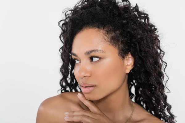 African American Woman Naked Shoulders Posing Isolated Grey — Stock Photo, Image