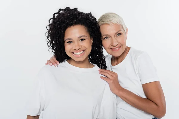 Senior Woman Hugging Smiling African American Friend Isolated Grey Feminism — Stock Photo, Image