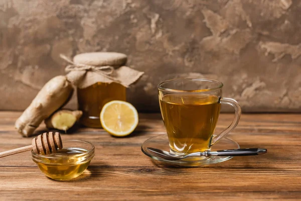 Tea Honey Bowl Wooden Surface Textured Stone Background — Stock Photo, Image