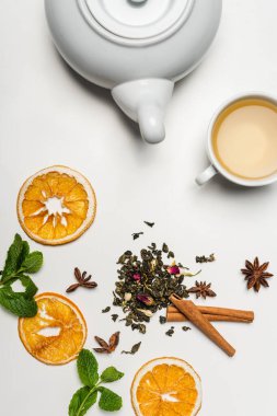 Beyaz arka planda çaydanlığın kuru çay, baharat ve nane manzarası 