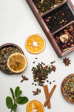 Nane aromalı kuru çay ve beyaz arkaplanlı baharatlar. 