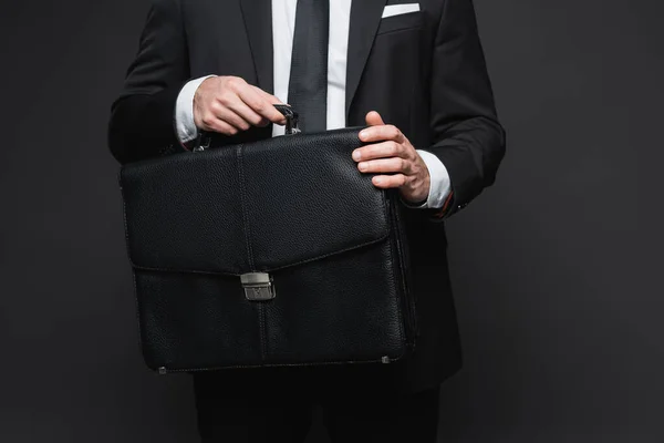 Cropped View Businessman Suit Holding Leather Briefcase Dark Grey — Stock Photo, Image