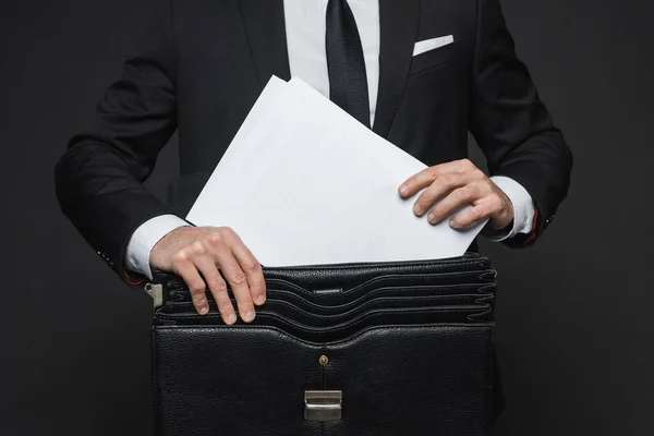 Cropped View Businessman Putting Documents Leather Briefcase Dark Grey — Stock Photo, Image