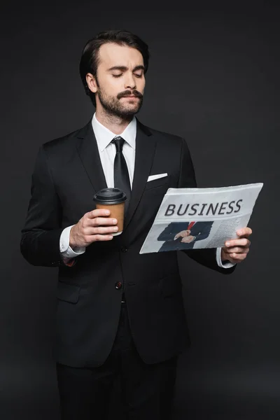 Man Mustache Holding Paper Cup Reading Business Newspaper Dark Grey — Stock Photo, Image