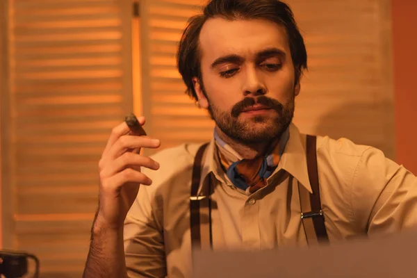 Man Mustache Looking Paper Holding Cigar — Stock Photo, Image