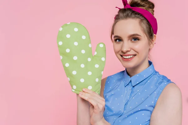 Happy Young Woman Green Baking Glove Isolated Pink — Stock Photo, Image