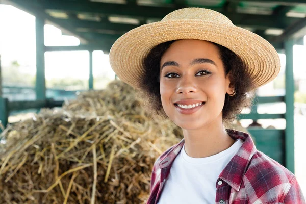 Joven Afroamericana Mujer Paja Sombrero Sonriendo Cámara Cerca Borrosa Heno — Foto de Stock