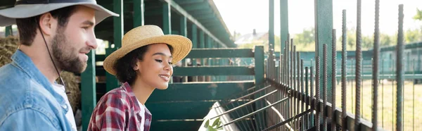 Happy Interracial Farmers Smiling Fence Barn Farm Banner — Stock Photo, Image