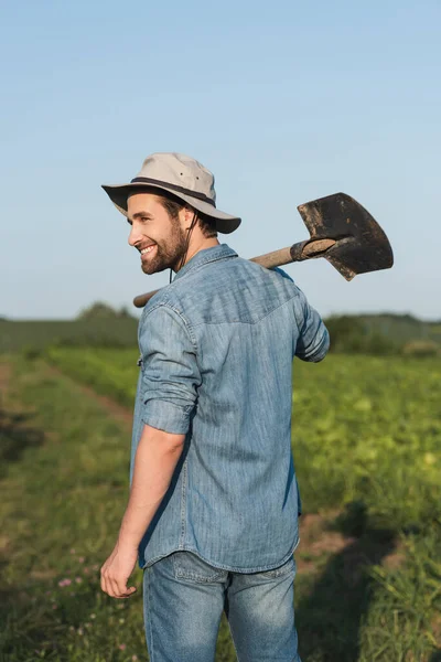 Back View Cheerful Farmer Shovel Looking Away Farmland — Stock Photo, Image