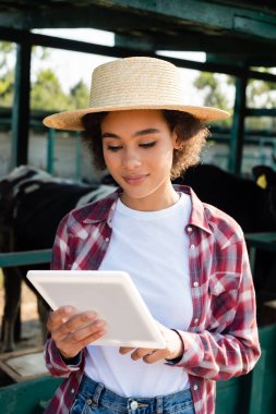 Hasır şapkalı genç Afro-Amerikan kadın. Bulanık inek ahırının yanında dijital tablet kullanıyor.