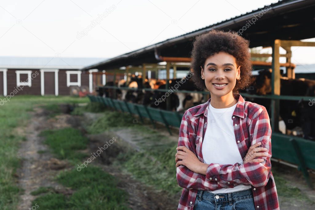 smiling african american woman in plaid shirt standing with crossed arms near blurred cowshed