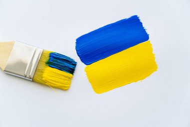 Beyaz arkaplanda Ukrayna bayrağının yanındaki boya fırçasının üst görünümü 