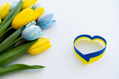 Mavi ve sarı kurdele kalp şeklinde, beyaz arkaplanda çiçeklerin yanında. 