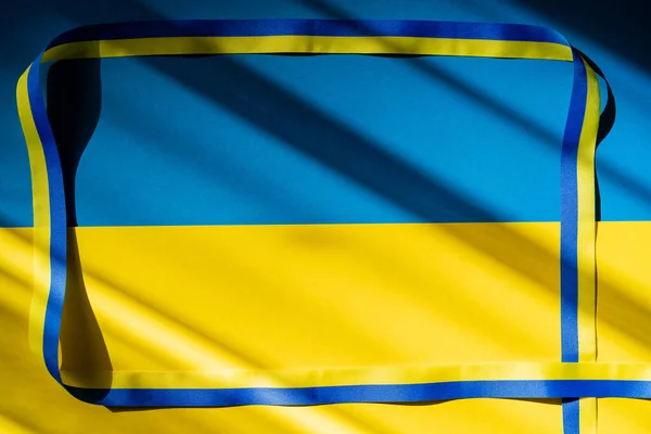 Top View Frame Blue Yellow Ribbon Ukrainian Flag Shadow — Stock Photo, Image