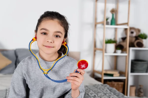 Cheerful Brunette Girl Toy Stethoscope Smiling Camera — Stock Photo, Image