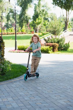 Kıvırcık oğlanın yaz parkında scooter sürüşünün geniş açılı görüntüsü