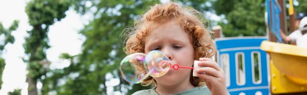 Хлопчик Дме Мильні Бульбашки Відкритому Повітрі Парку Банер — стокове фото