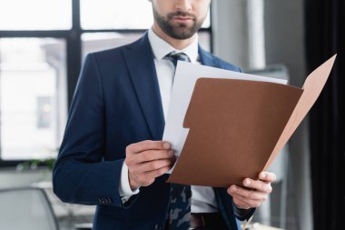 blazer ceketli ekonomistin dokümanlarla dolu klasörünün kırpılmış görüntüsü
