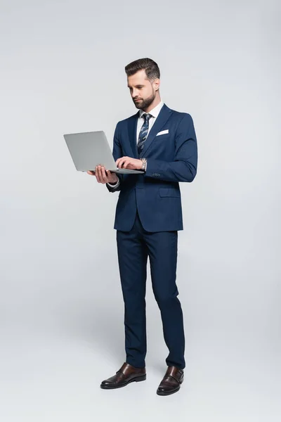 Full Length View Businessman Blue Suit Using Laptop Grey — стоковое фото