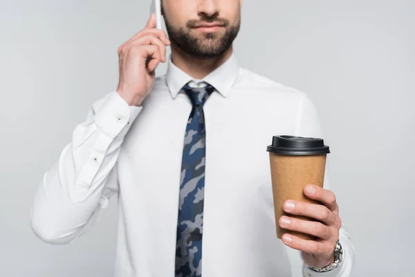 Cropped View Businessman Coffee Talking Cellphone Isolated Grey — Stock Photo, Image