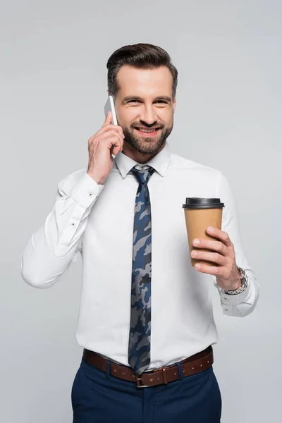 Cheerful Economist White Shirt Holding Coffee Talking Smartphone Isolated Grey — Stock Photo, Image