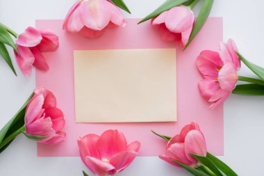 top view of frame with tulips near yellow envelope on white  clipart