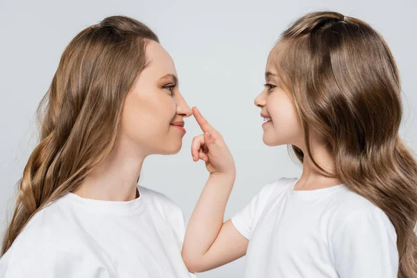 Side View Happy Girl Touching Nose Smiling Mom Isolated Grey — Stock Photo, Image
