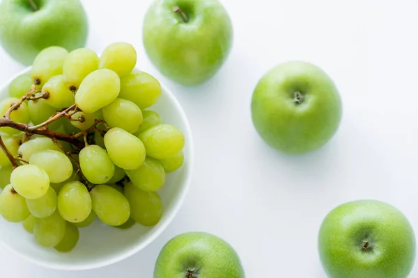 Top View Green Apples Grapes Bowl White — Fotografia de Stock