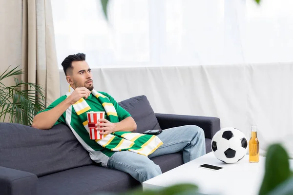 Sports Fan Striped Scarf Watching Game Soccer Ball — Fotografia de Stock