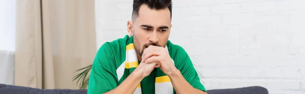 Frustrated Sports Fan Striped Scarf Holding Hands Face Banner — Stockfoto