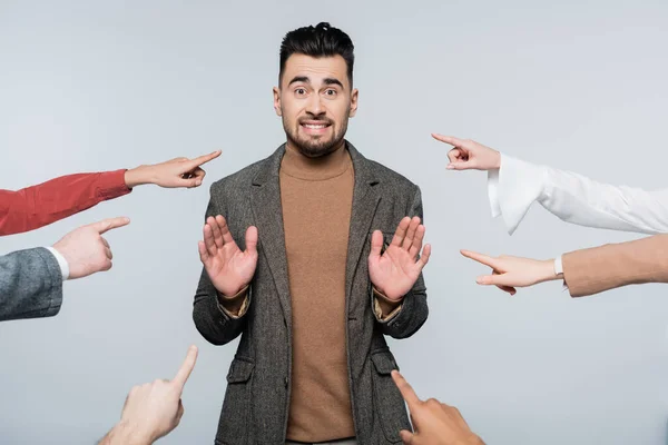 Shocked Critic Showing Stop Gesture People Pointing Fingers Isolated Grey — Stockfoto