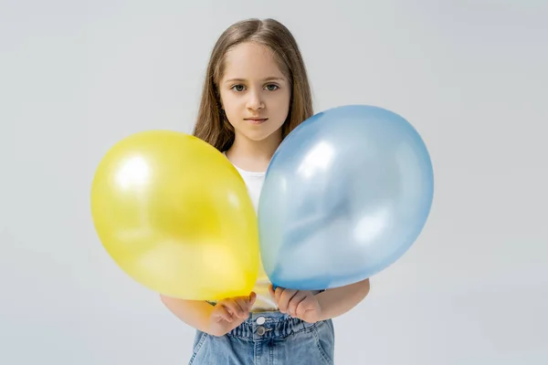 Ukrainian Girl Holding Blue Yellow Balloons While Looking Camera Isolated — Stock Photo, Image