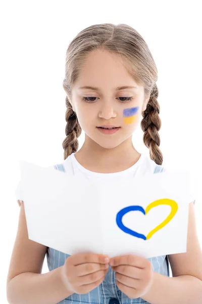 Дівчина Україніанським Прапором Обличчі Блакитним Жовтим Серцем Ізольованим Білому — стокове фото