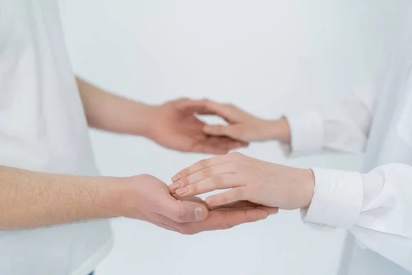 Cropped View Young Couple Holding Hands Isolated White — Stock Photo, Image