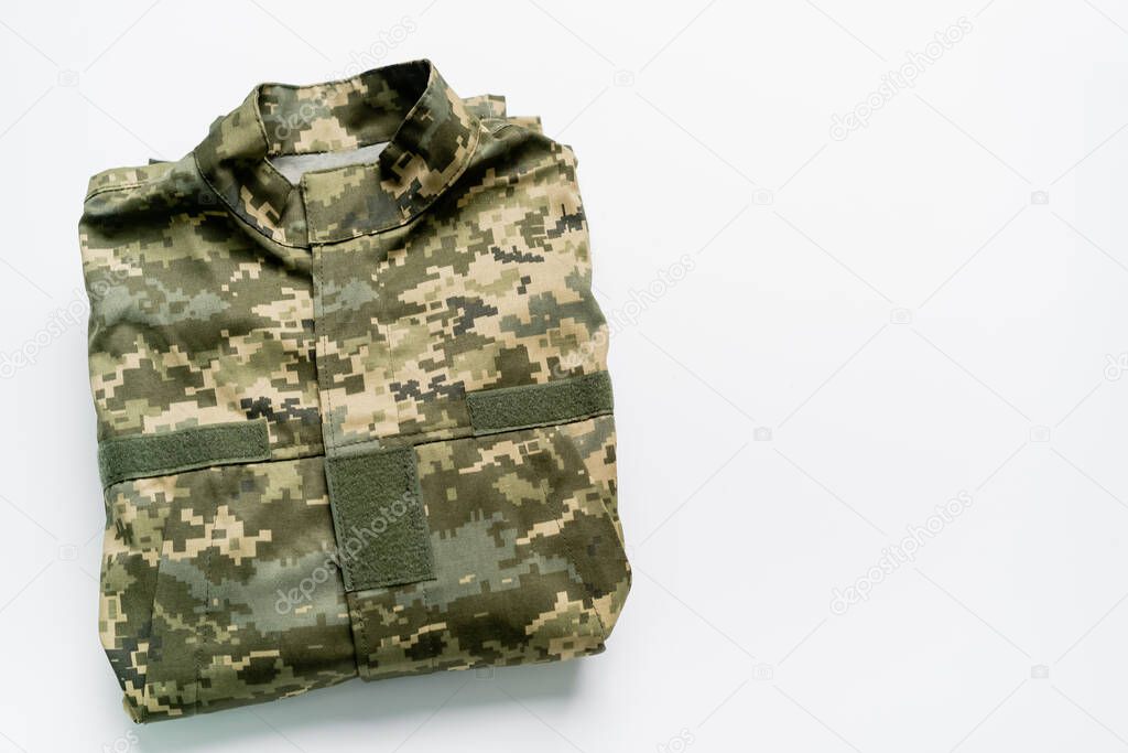 Top view of military uniform on white background 